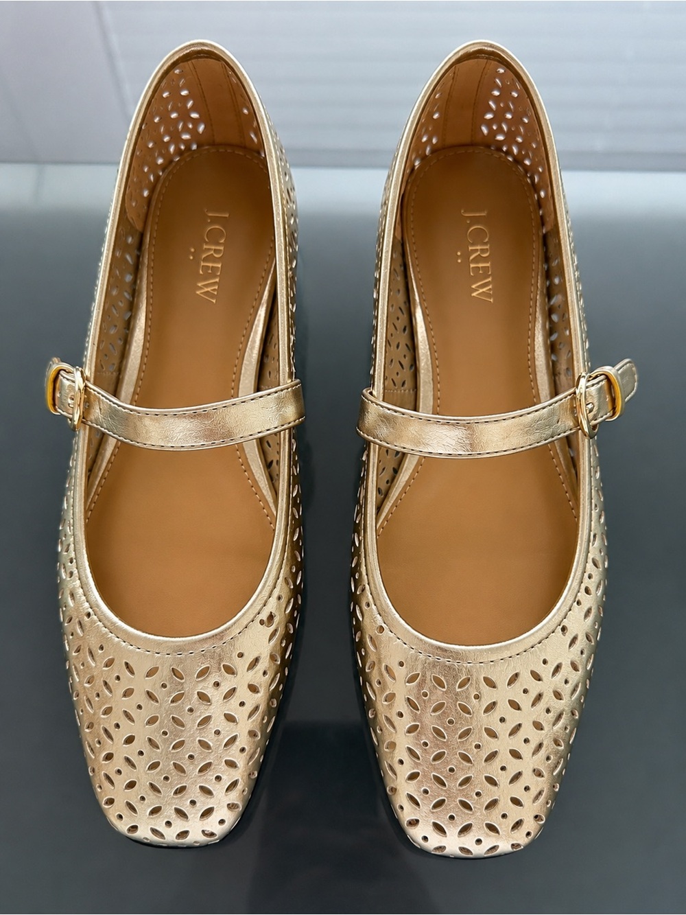 J. Crew Metallic Gold Perforated Mary Jane Flats Size 8.5